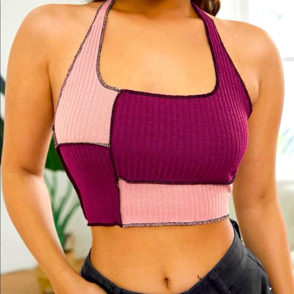 Contrast Stitch Colorblock Halter Crop Top